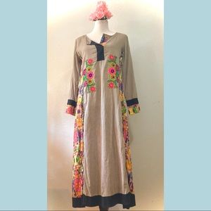 Gauzy striped summer beach dress with colorful floral embroidery